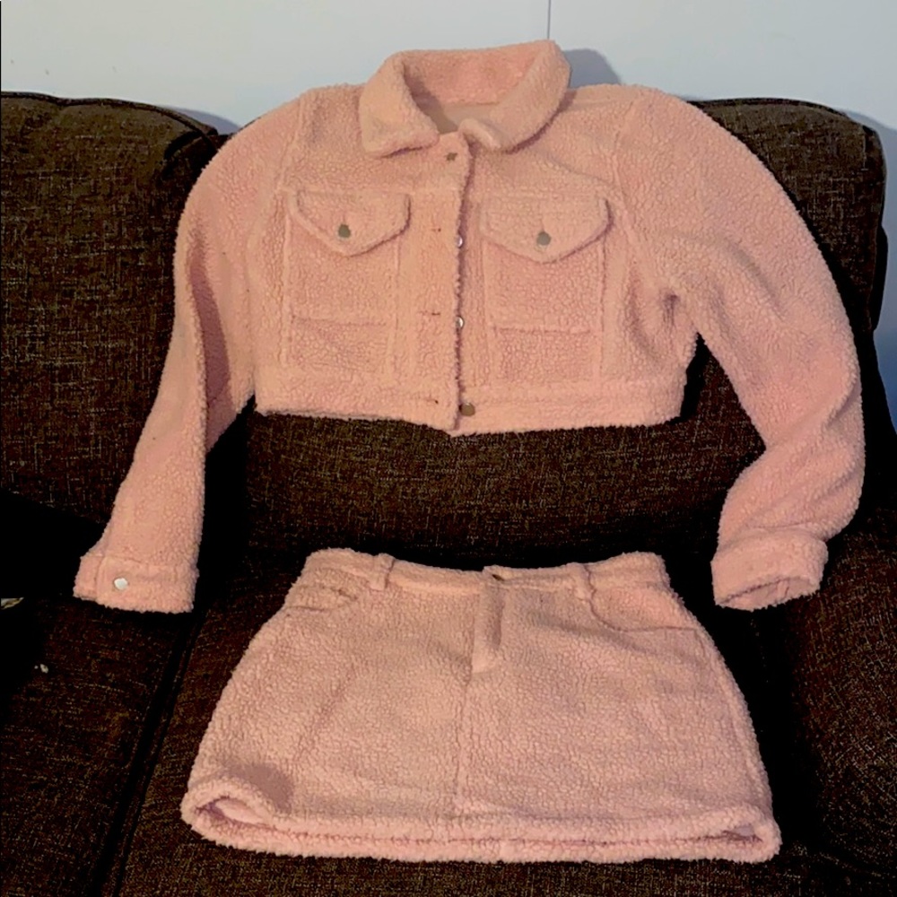 Pink terry cloth jacket and mini skirt